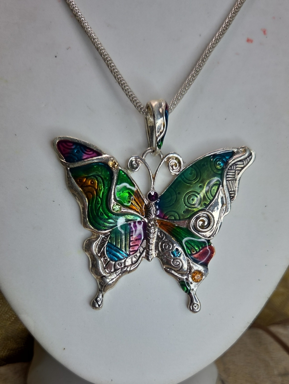 Enamel butterfly colorful large pendant on chain silver plated